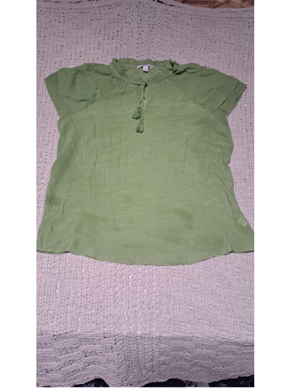 Women's C by one Blouse 2X Green Tassel Neck Short Sleeve Top